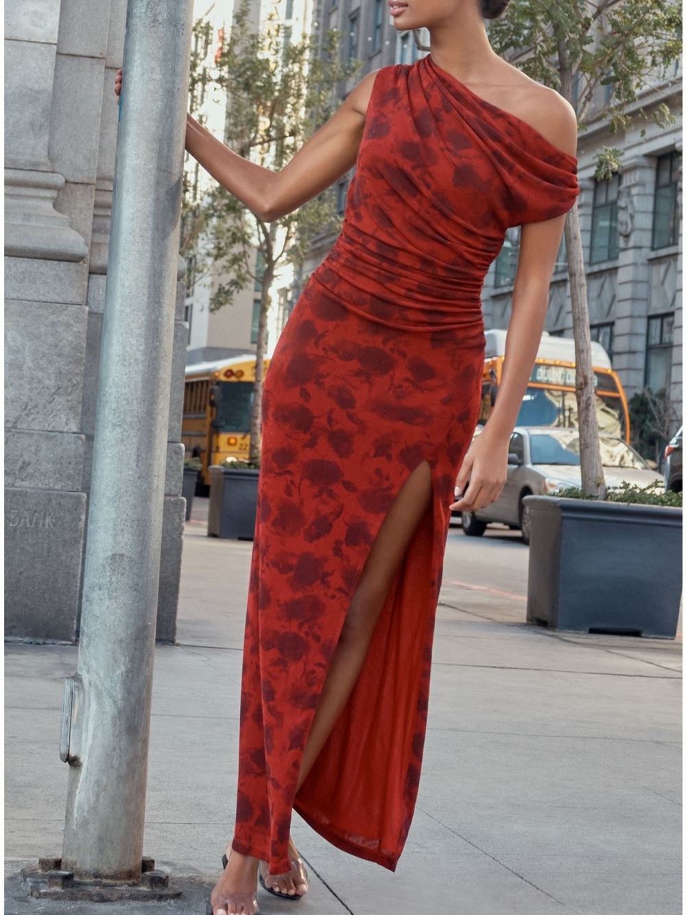 NWT Endless Rose One-Shoulder Red Floral Maxi Dress with Side Slit